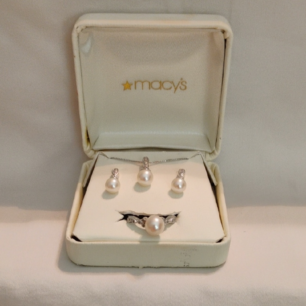Macy's Silver and White cultured Pearl Earrings, necklace and ring.